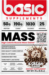 Nutrition facts label for BASIC SUPPLEMENTS Mass Gainer Cookies and Cream 15 lb