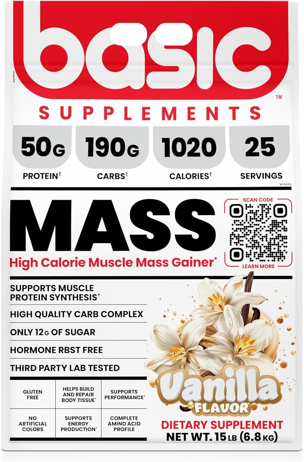 Basic Supplements Mass Gainer Vanilla scoop poured into shaker for quick calorie boost