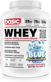 Basic Supplements whey protein tub front highlighting 25g protein per serving for muscle recovery