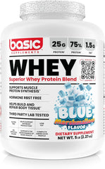 Basic Supplements whey protein tub front highlighting 25g protein per serving for muscle recovery