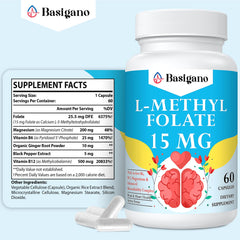 Close-up of Basigano L-Methylfolate 5-MTHF label on bottle