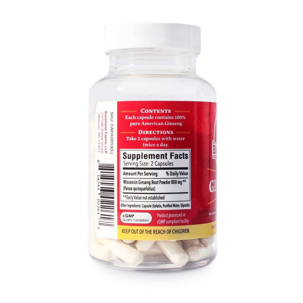 Close-up of Baumann American ginseng capsules