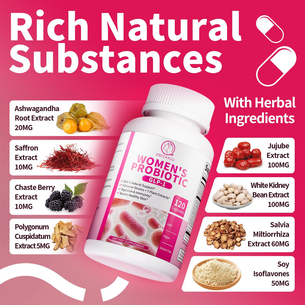 Close-up of BBEEAAUU women probiotic jar with 120 capsules