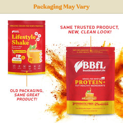 BBfL Grass-Fed Whey Shake scoop reveals convenient 21g protein per serving.