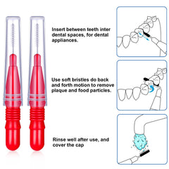 Red interdental brushes laid out for display