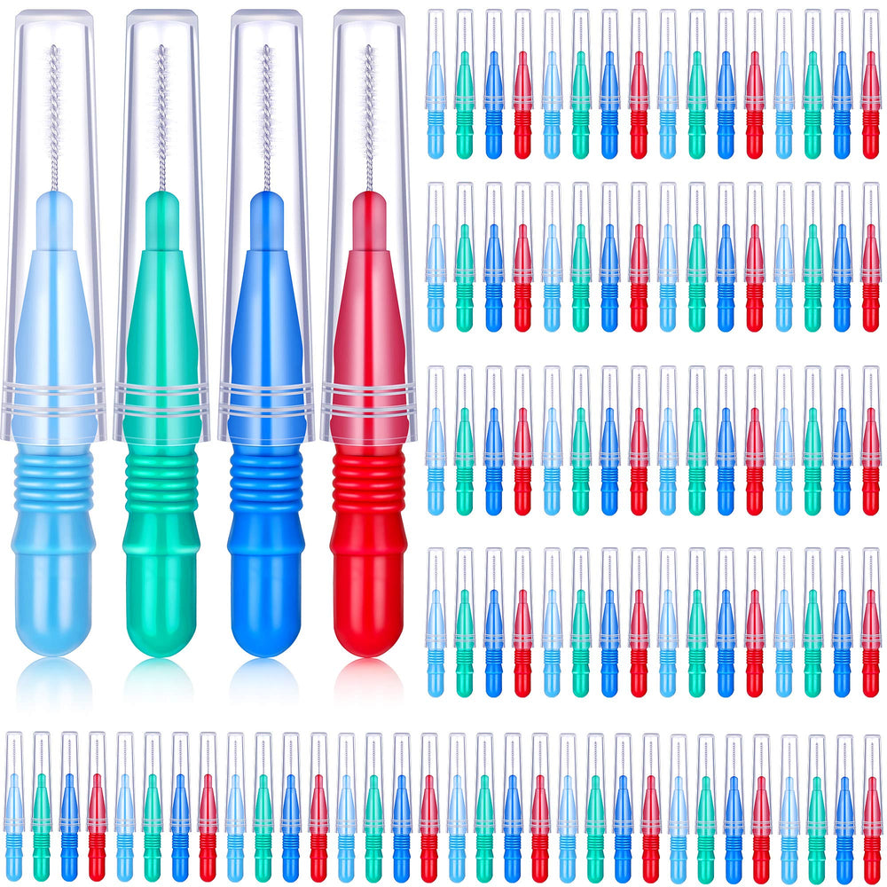 BBTO 100pcs braces dental brush flossers set – assorted colors (red, blue, green, light blue)