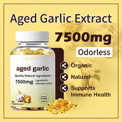Close-up of odorless aged garlic extract softgels