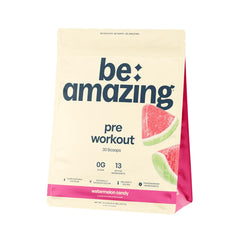 Be Amazing pre-workout Watermelon Candy tub front ready for energy-boosting workouts