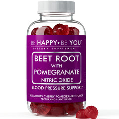 Be Happy Be You beetroot gummies bottle label shows vegan formulation and accessibility