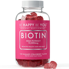 Be Happy Be You Biotin Gummies bottle with 10,000mcg per dose; 120-count