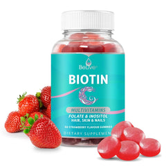 BeLive Biotin Gummies bottle featuring Strawberry flavor