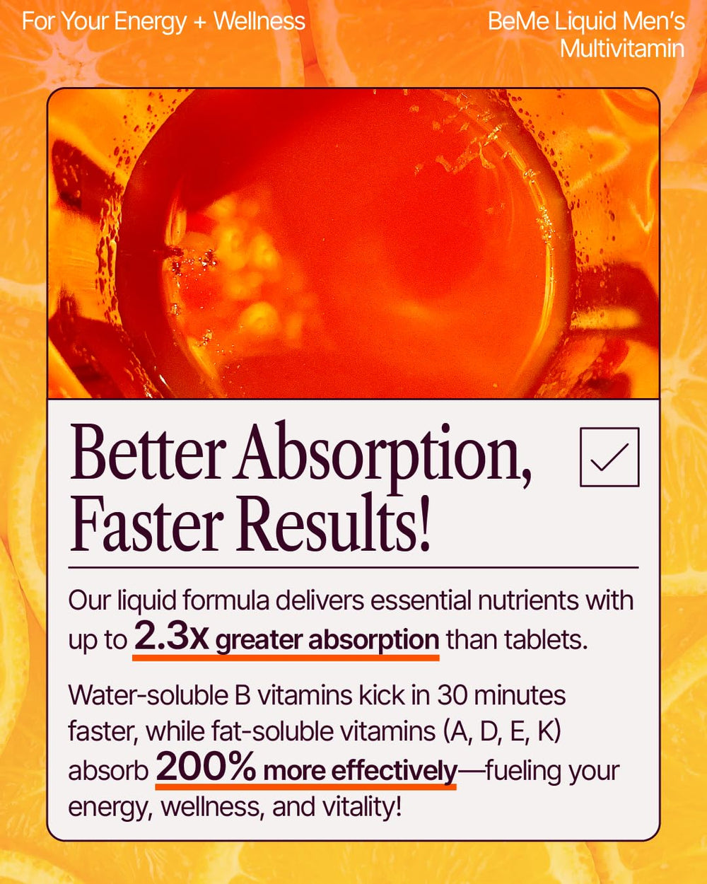 Nutrition facts panel for BeMe Liquid Multivitamins for Men