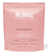 Be Well by Kelly Chocolate Grass-Fed Beef Protein Powder canister on shelf