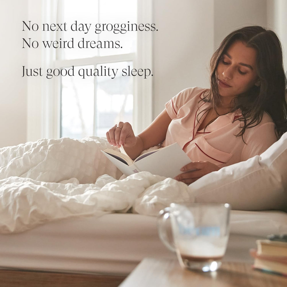 Label highlights ingredients: magnesium, L-theanine, GABA, reishi, apigenin