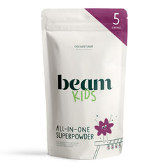 Container of Beam Kids All in One Superfood Powder with chocolate flavor