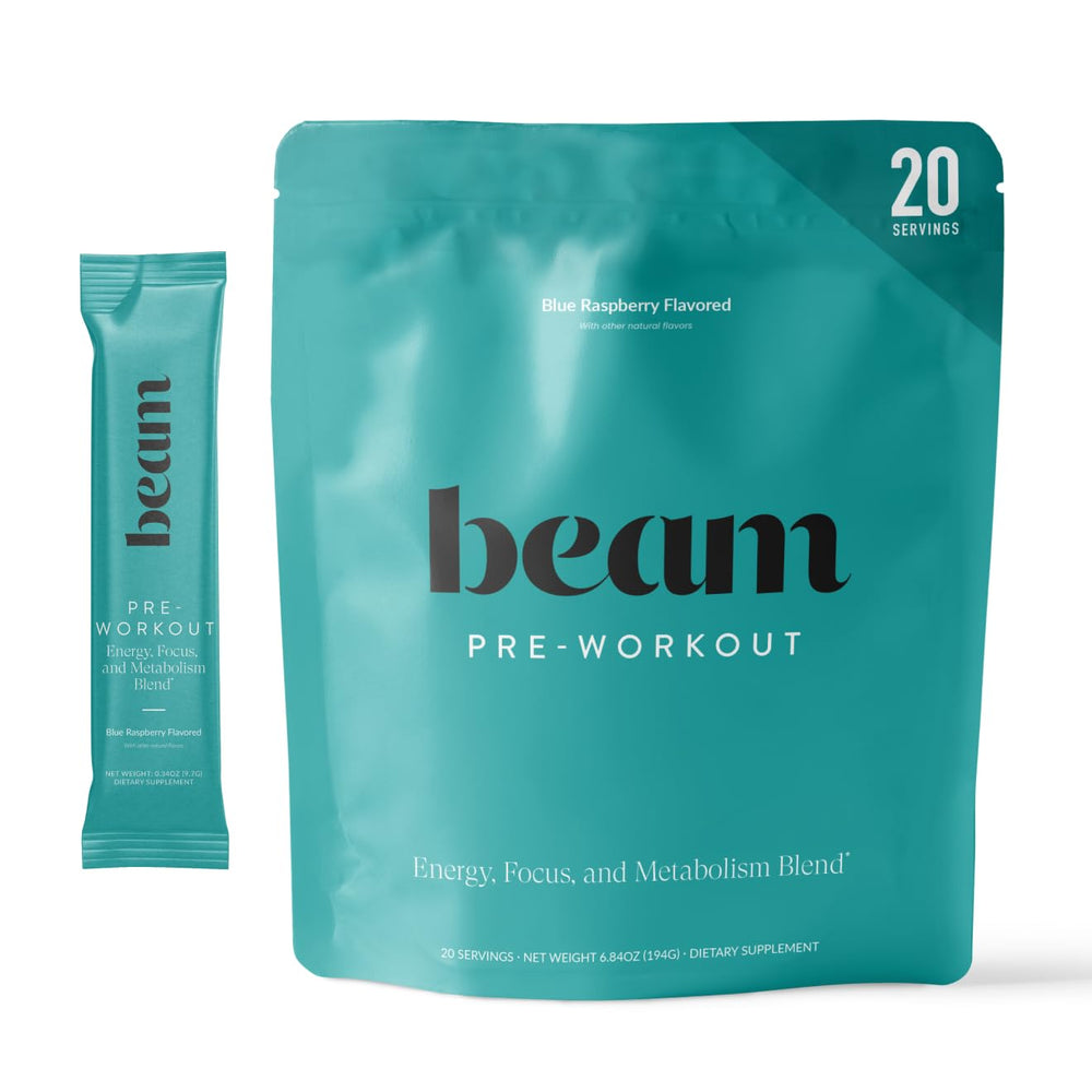Beam Pre Workout energy scoop in a jar for clean, jitter-free energy before training.