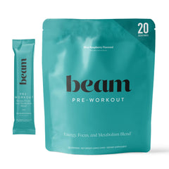Beam Pre Workout energy scoop in a jar for clean, jitter-free energy before training.