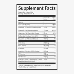 Beam Pre Workout mental focus closeup emphasizes L-Tyrosine and L-Theanine for alert calm.