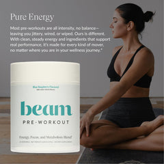Beam Pre Workout label highlights no artificial dyes or sweeteners.