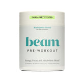 Beam Pre Workout powder being poured for jitter-free energy during training.