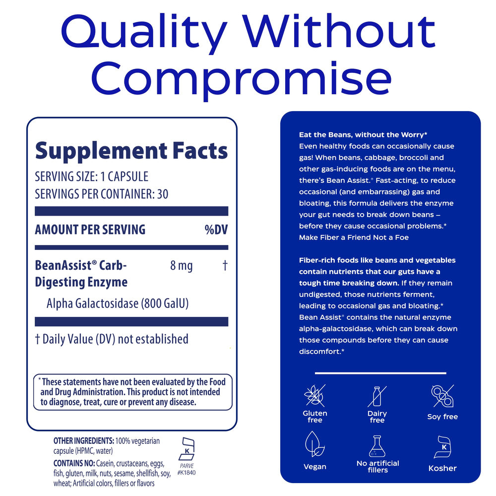 Close-up of BeanAssist bottle with ingredients label