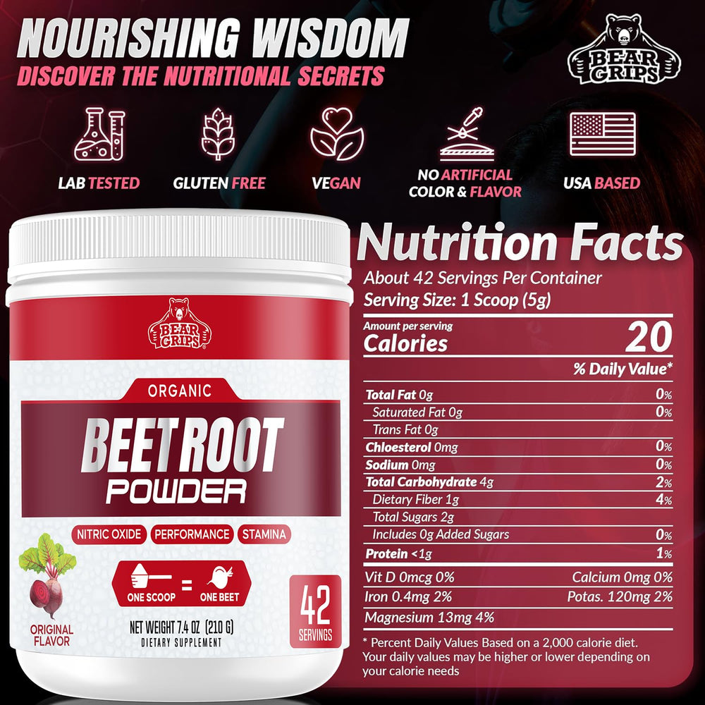 Bear Grips organic beetroot powder bottle highlights non-GMO, gluten-free formula for heart health potential.