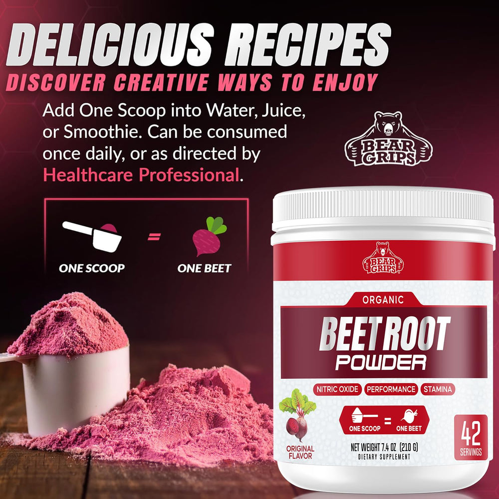 Bear Grips raw beetroot powder closeup captures vibrant color and nitrate-rich profile.