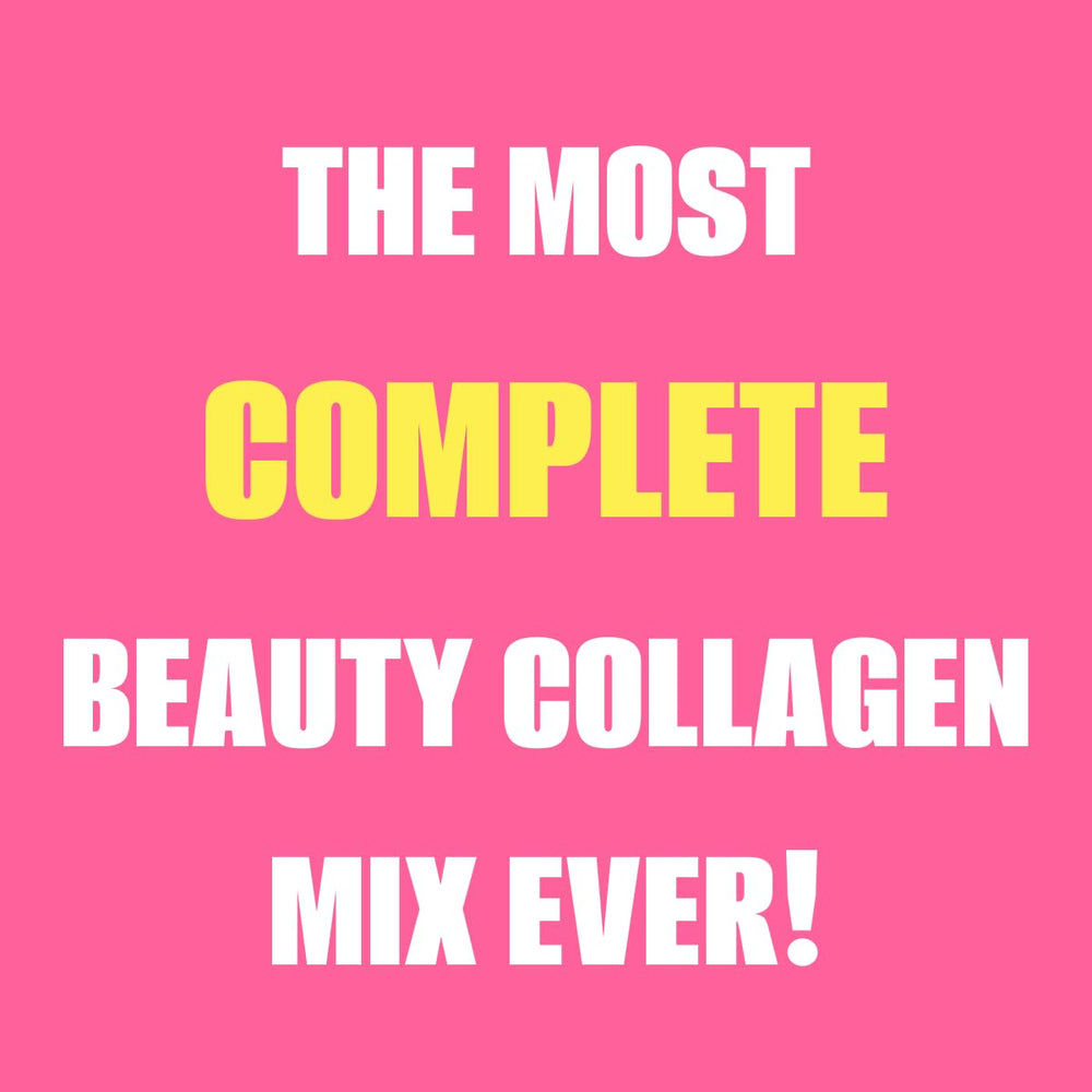 Close-up of collagen powder and ingredients including five types of collagen