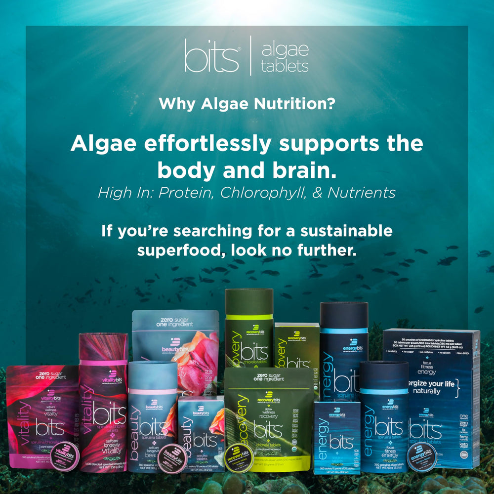 Close-up of BEAUTYbits spirulina tablets showing ingredients