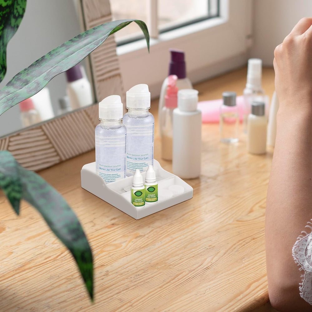 Acrylic tray with removable divider for contact lens accessories