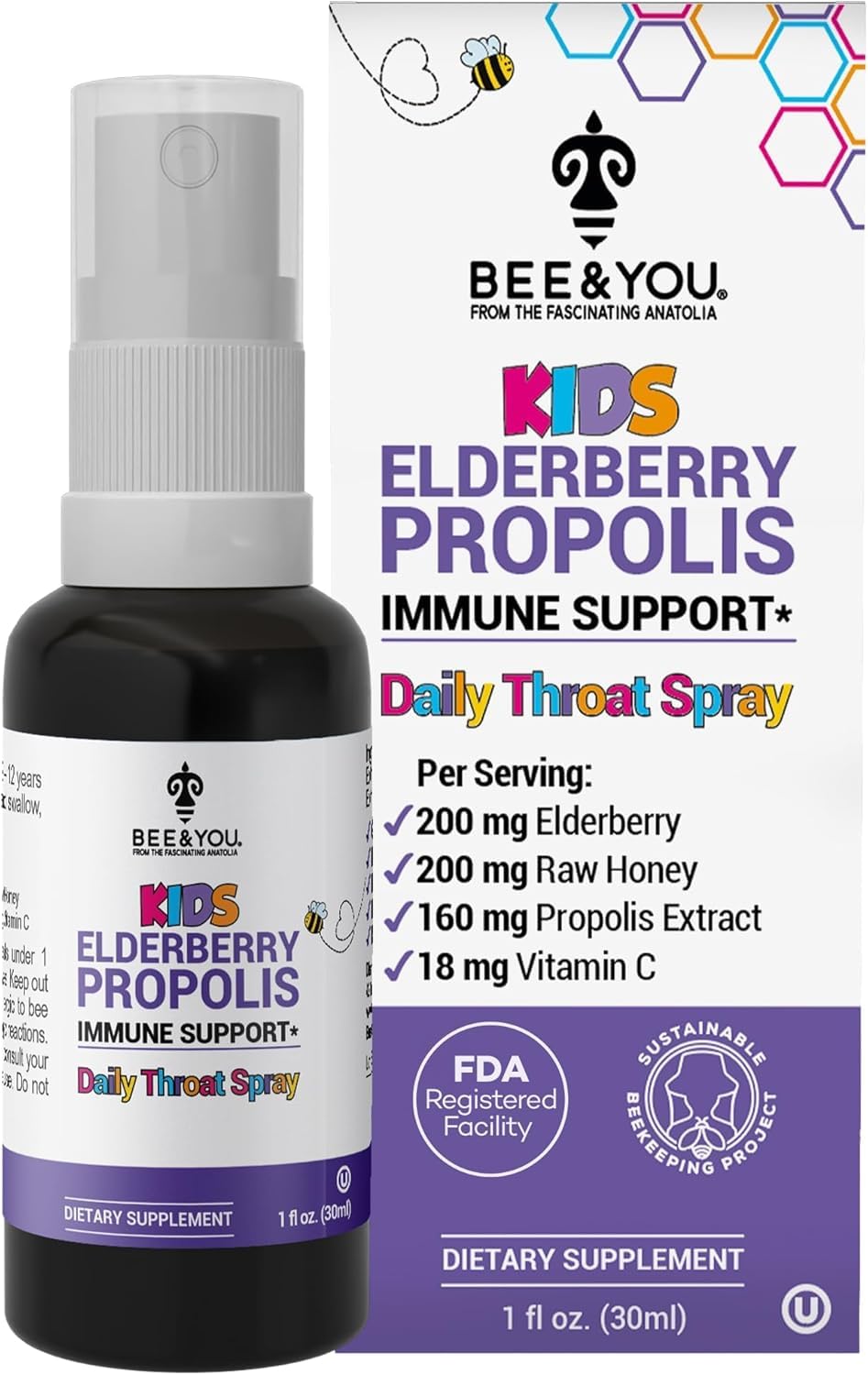 Front view of Bee and You Kids Immune Support Spray bottle with elderberry and propolis