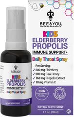 Front view of Bee and You Kids Immune Support Spray bottle with elderberry and propolis