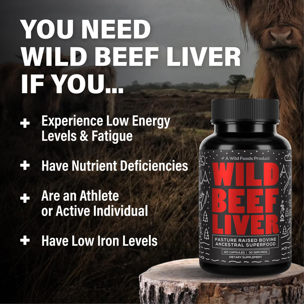 Close-up of beef liver capsules highlighting 3000mg serving
