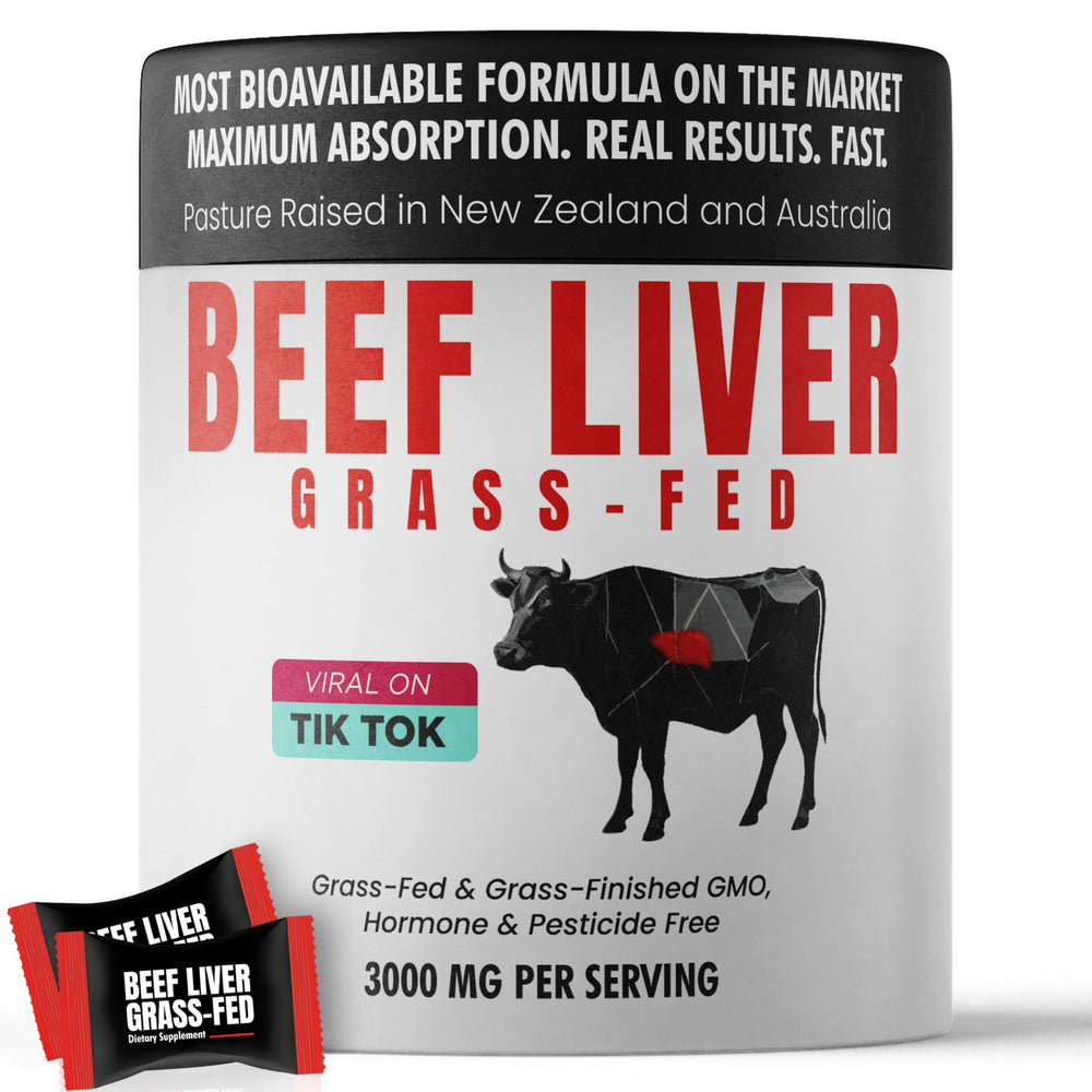 Beef liver supplement bottle on white background highlighting grass-fed NZ origin