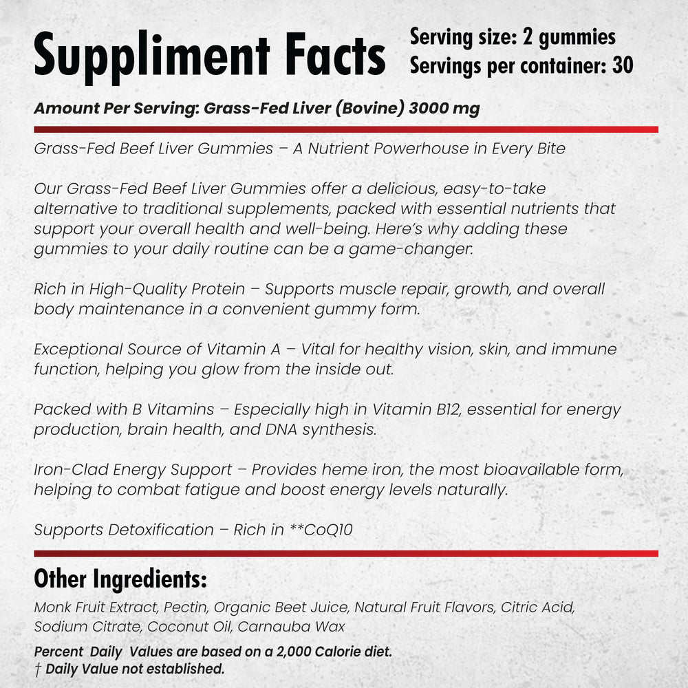Close-up of serving panel showing 3000 mg beef liver per serving