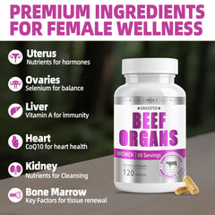 Assorted beef organ powder capsules against a white background