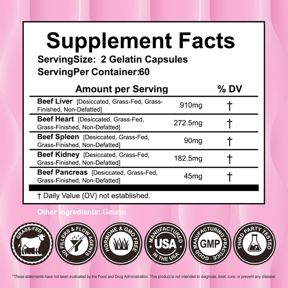 120-capsule bottle of beef organ supplement for women