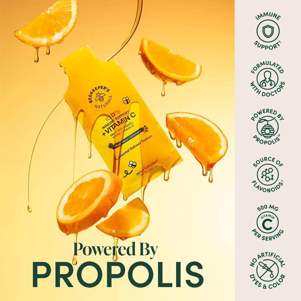 Beekeeper's Naturals kid immune sachet being squeezed into a drink for easy dosing.