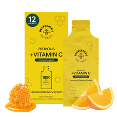 Beekeeper's Naturals propolis liposomal vitamin C bottle showing strong immune support on the go