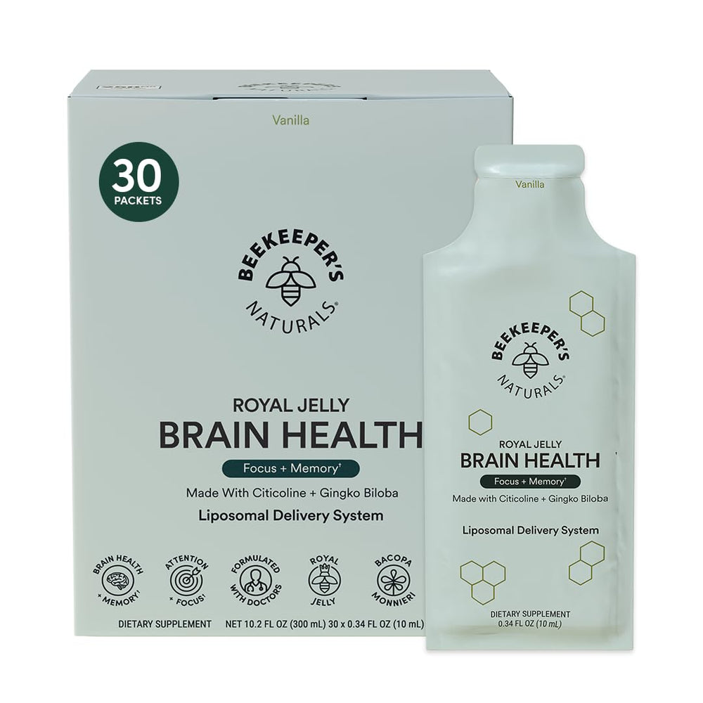 Beekeepers' Naturals Nootropic Brain Supplement bottle with vanilla flavor, 30 count