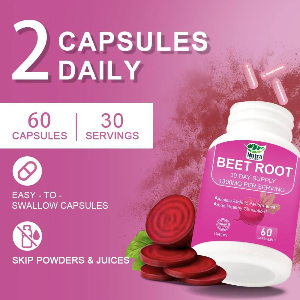 Beet Root Capsules 1300mg indicating non-GMO and gluten-free
