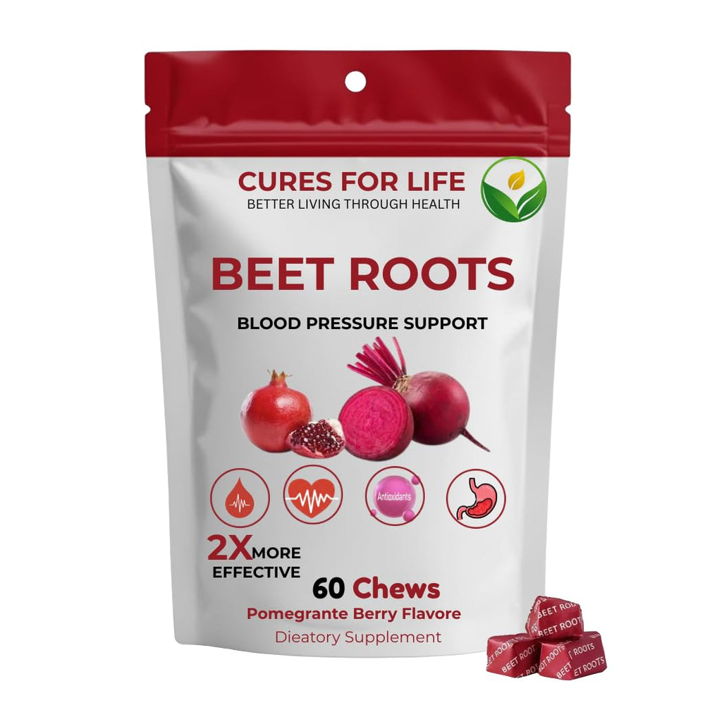 Beet Root Heart Chews packaging and bottle on display