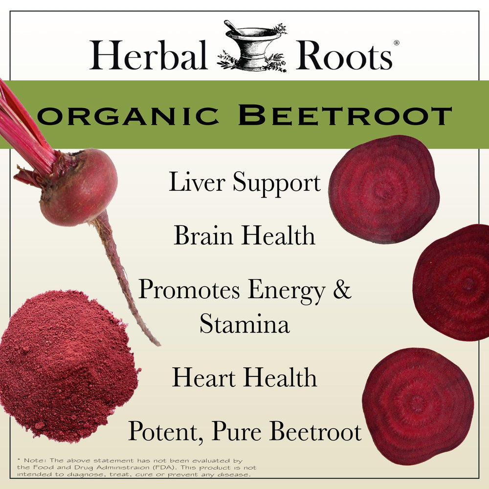 Ingredients include organic beetroot and organic vegan capsule