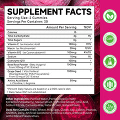 Close-up of beetroot gummies packaging with strawberry flavor