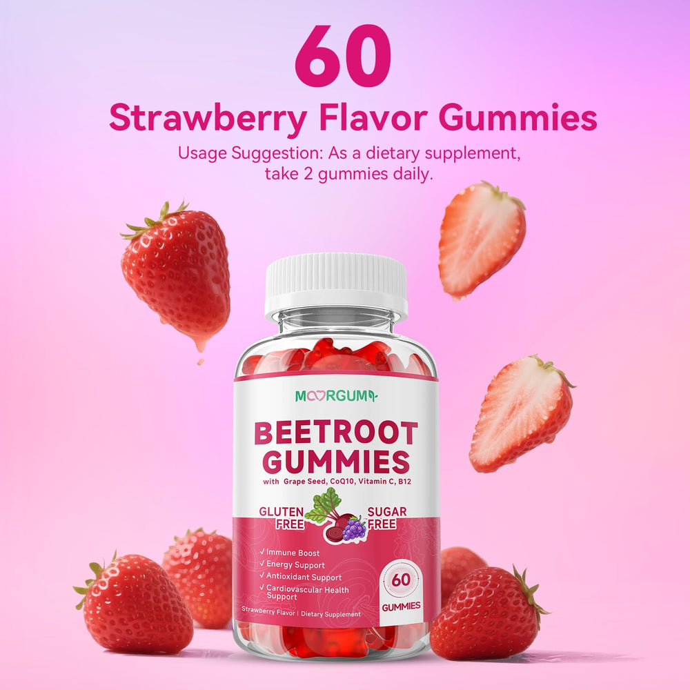 Sealed bottle with strawberry-flavored beetroot gummies