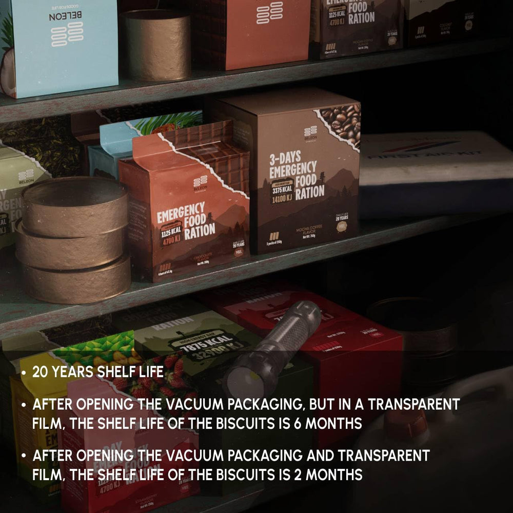 Beleon Emergency Food 3 Days stored in a dry dark place to emphasize readiness