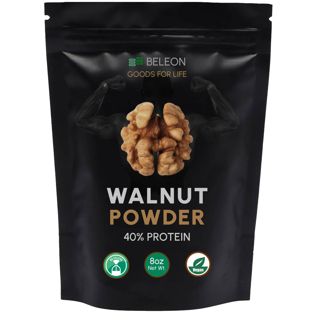 Beleon Walnut Protein Powder bottle close-up for a quick vegan protein boost.
