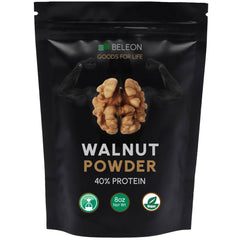 Beleon Walnut Protein Powder bottle close-up for a quick vegan protein boost.