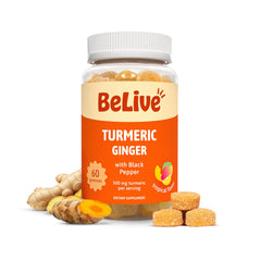 BeLive Turmeric Curcumin Gummies bottle with tropical flavor gummies