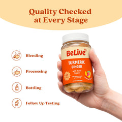 Lifestyle shot of someone enjoying BeLive turmeric-ginger gummies